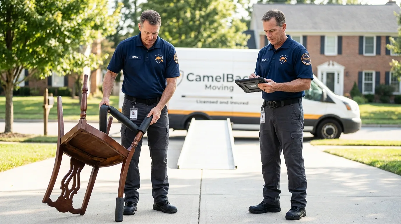 Movers inspecting furniture for damage prevention before loading in Haverhill, MA