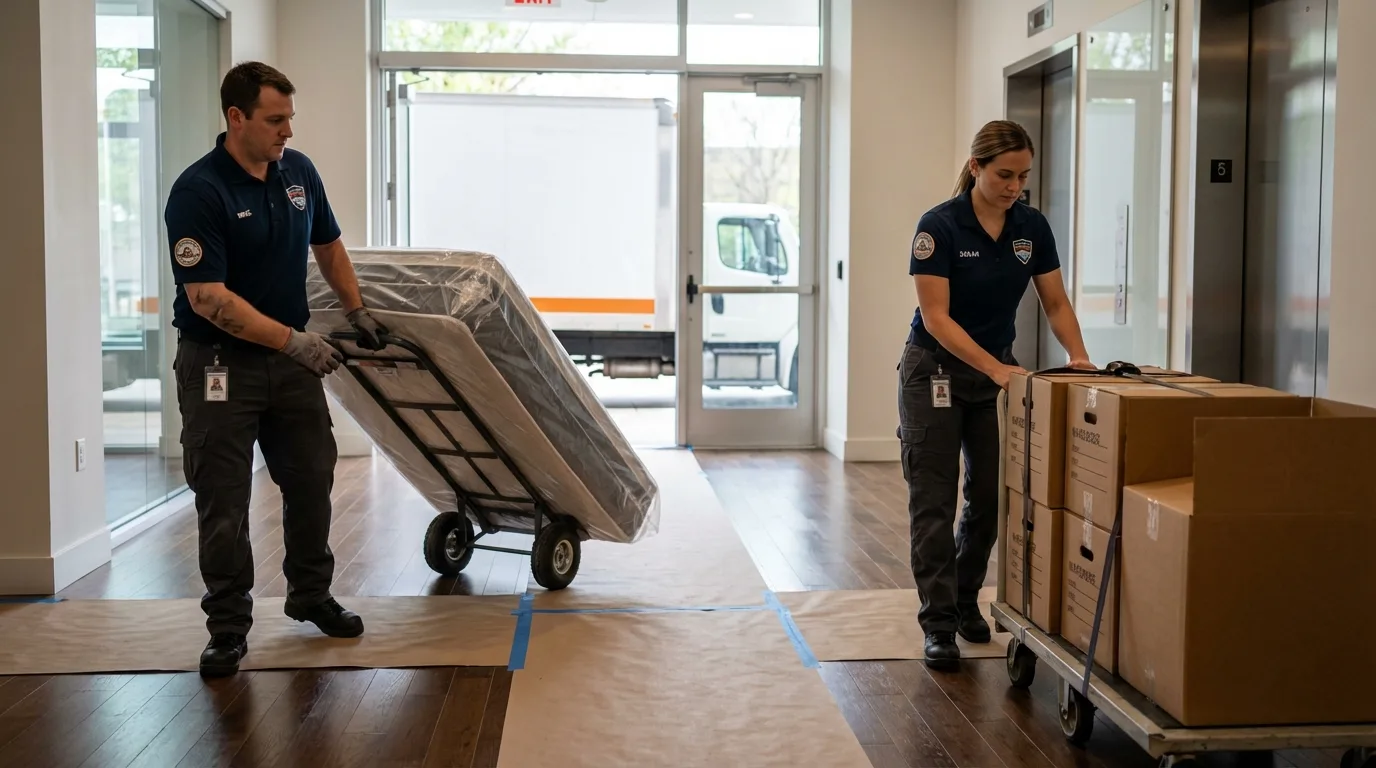 Professional apartment movers loading elevator in Haverhill, MA