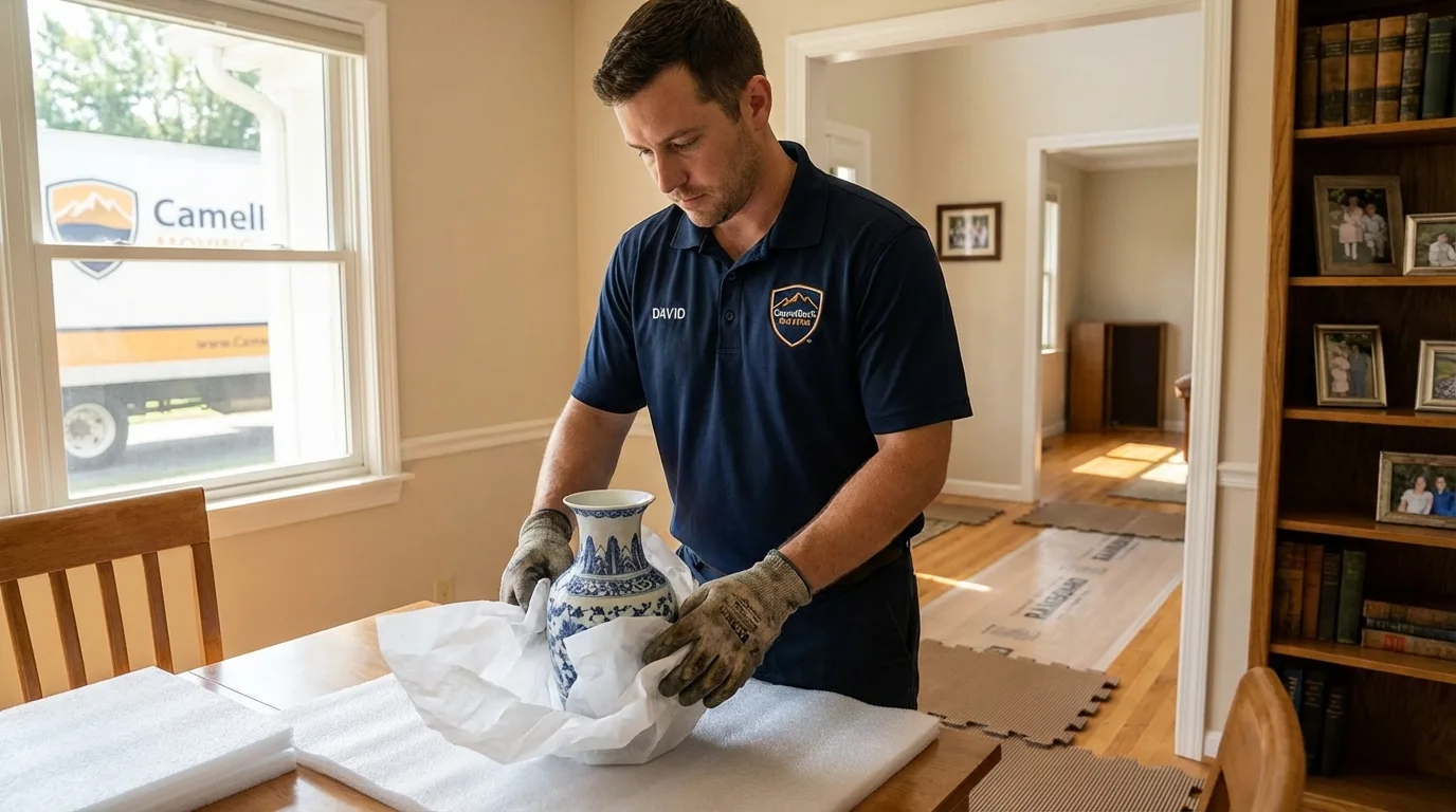Professional crew carefully wrapping antique vase for senior downsizing move in Haverhill, MA